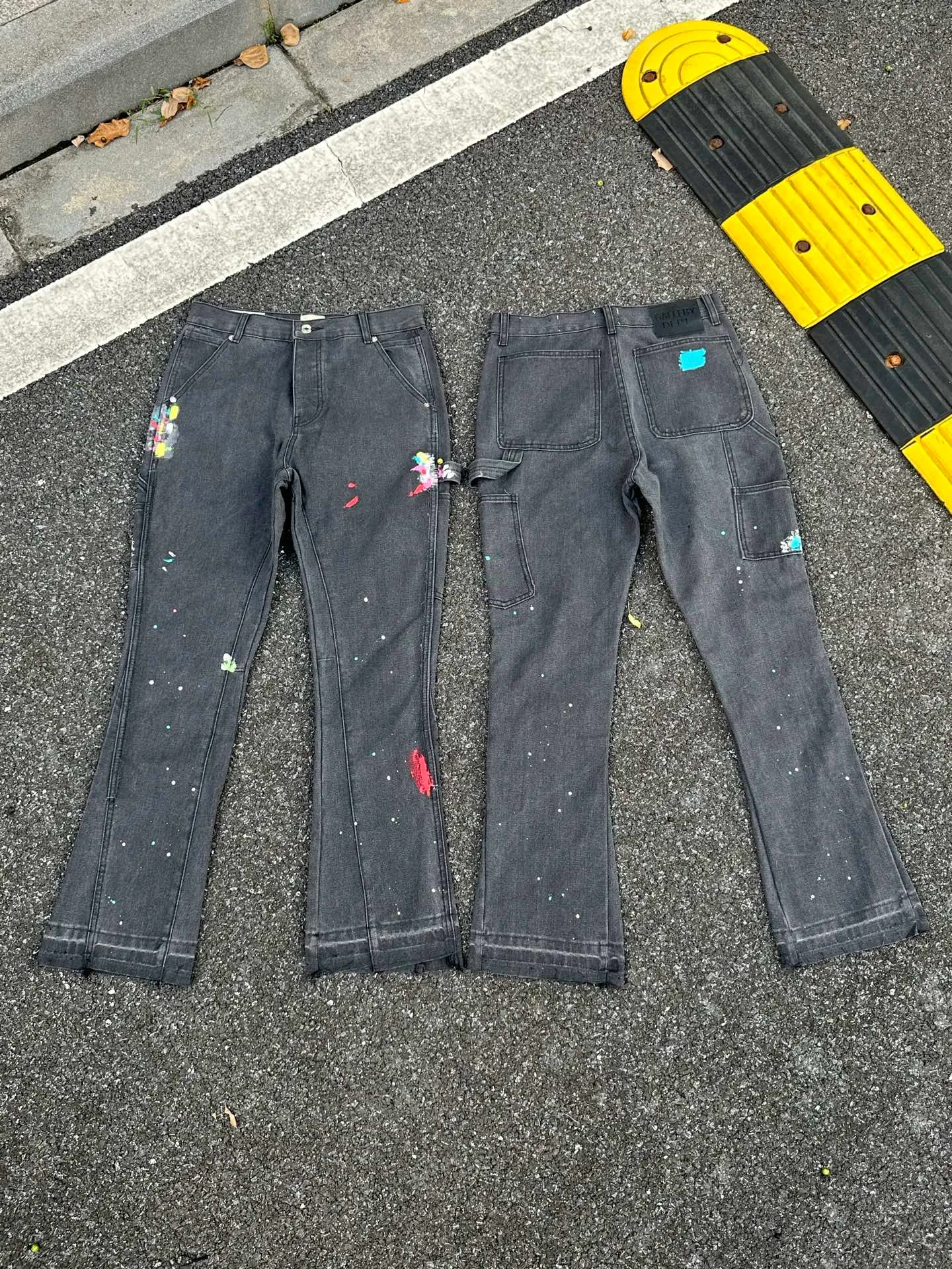 P240💰GA01 GALLERY DEPT. Spliced ​​washed retro jeans for men and women, high street splash pants, micro-flared casual trousers, trendy couples, the same style. Color: washed gray Size: 28 30 32 34 36 (corresponds to S M L XL XXL)